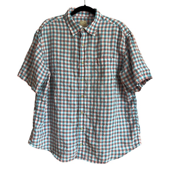 Jos A Bank Men's Button Down Shirt XL 100% Linen Blue Pink Plaid Collared Up - Picture 8 of 9
